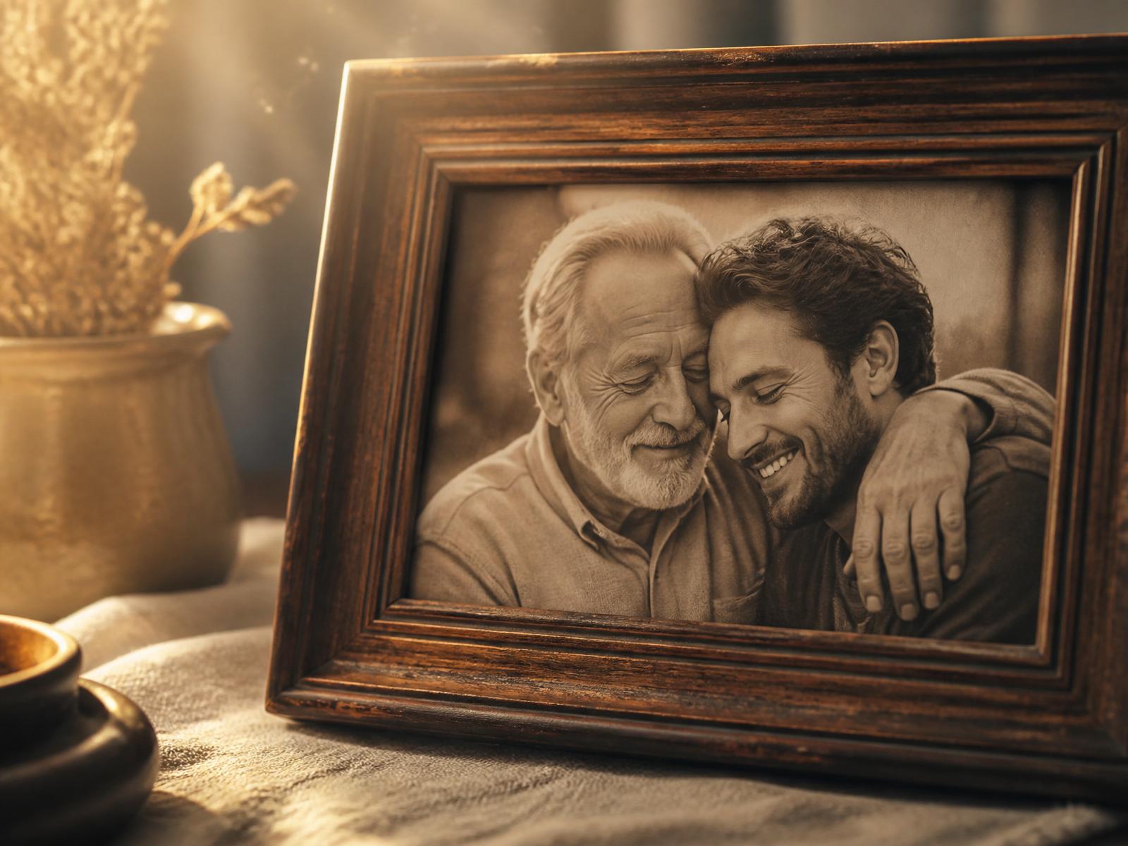 Foto emocionante de um pai reencontrando o avô, em moldura vintage